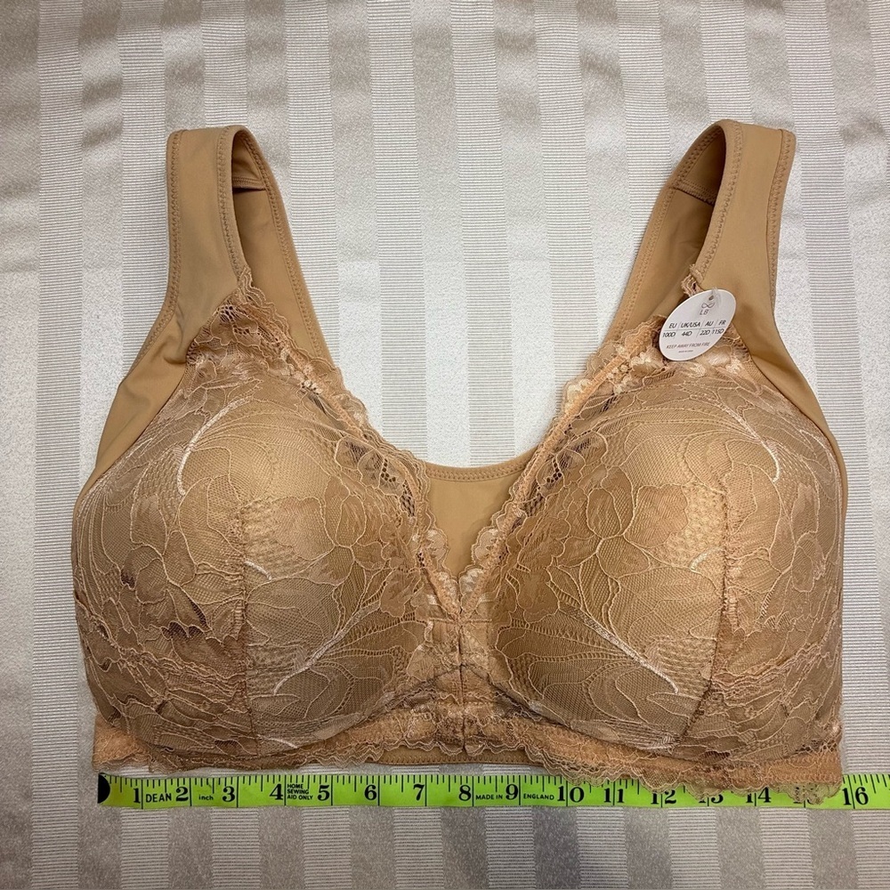 NEW LB Lace Front Closure Wireless Bra Nude Beige 44D Full Coverage Comfort - Picture 5 of 10